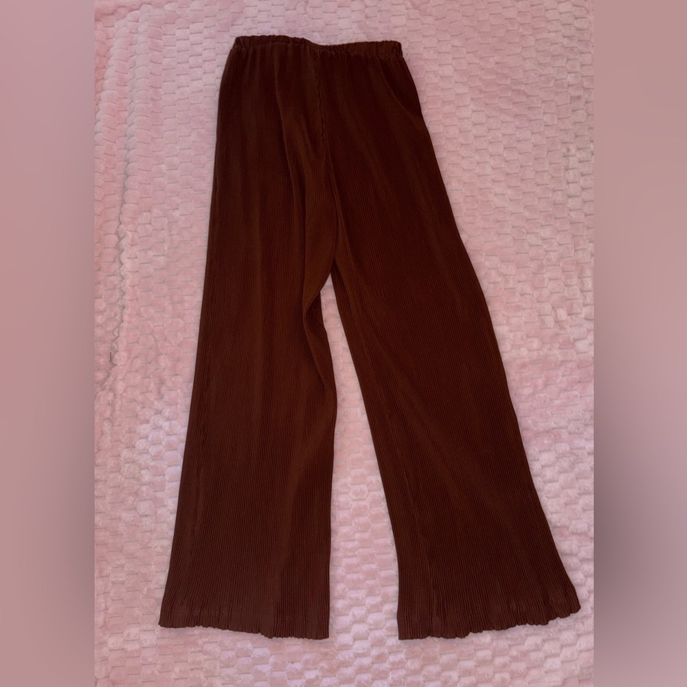 PrettyLittleThing Chocolate Plisse Woven Wide Leg Trousers Size US 8 - Picture 5 of 6